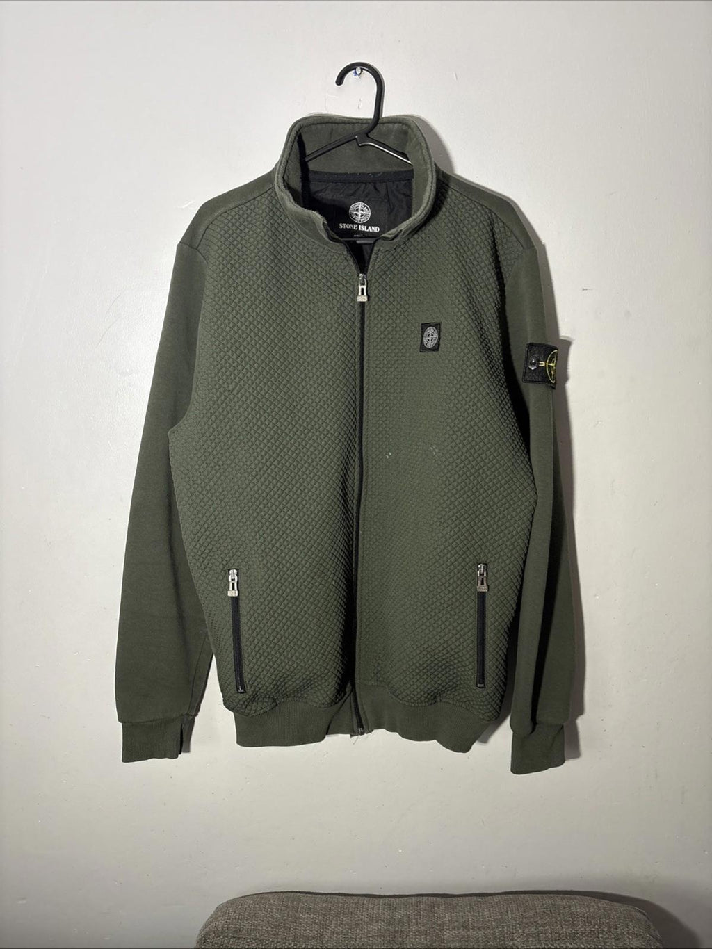 Vintage Stone Island Men’s Green Khaki XXL Full Zip Quilted Fleece Jacket Sweat