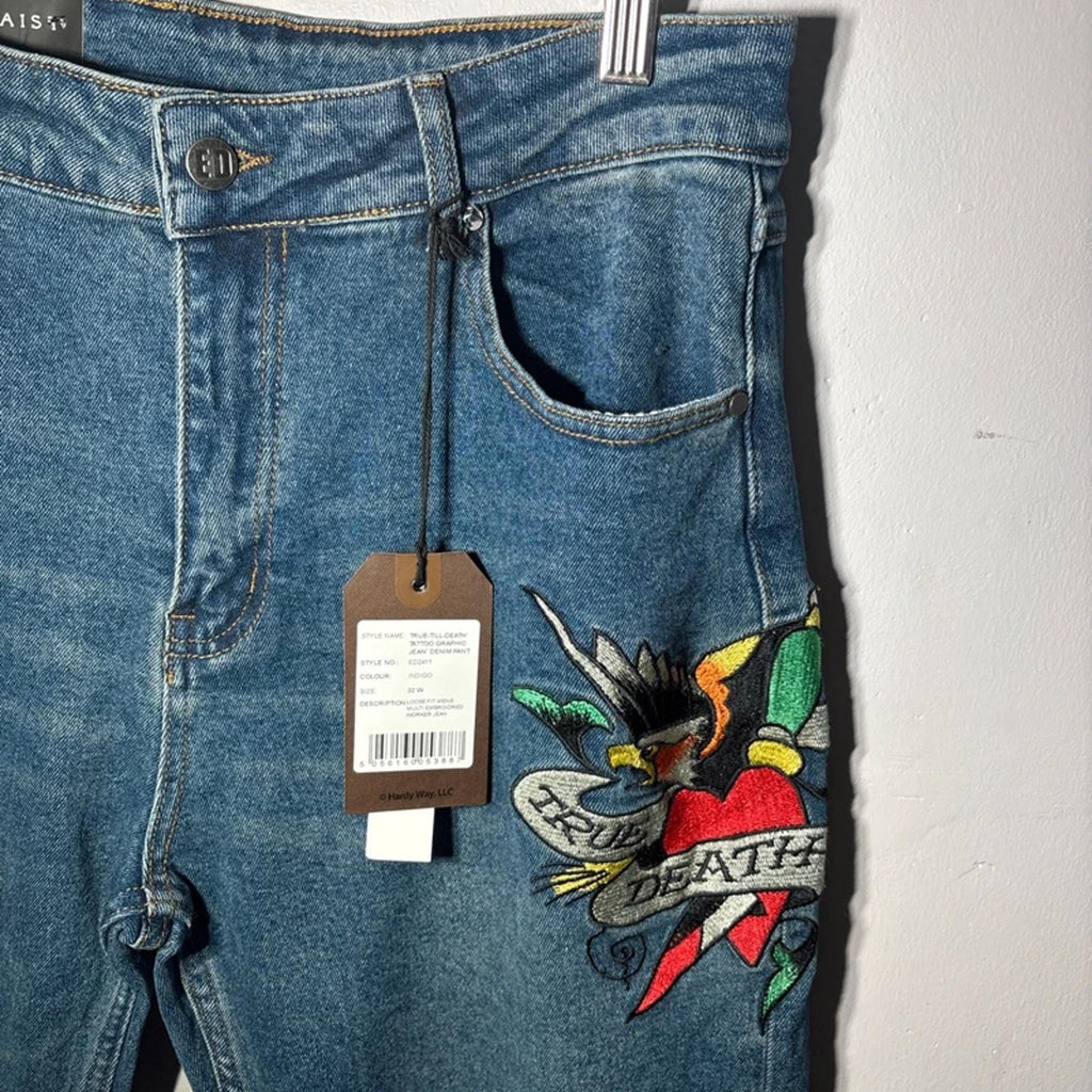 Ed Hardy  True Till Death tattoo graphic denim Loose Fit Jeans W32 new with tags