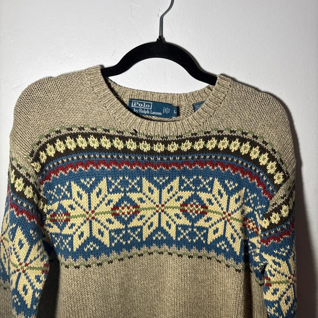 Polo Ralph Lauren Fairisle Cotton Jumper Sweater Snowflake Design Size L Large