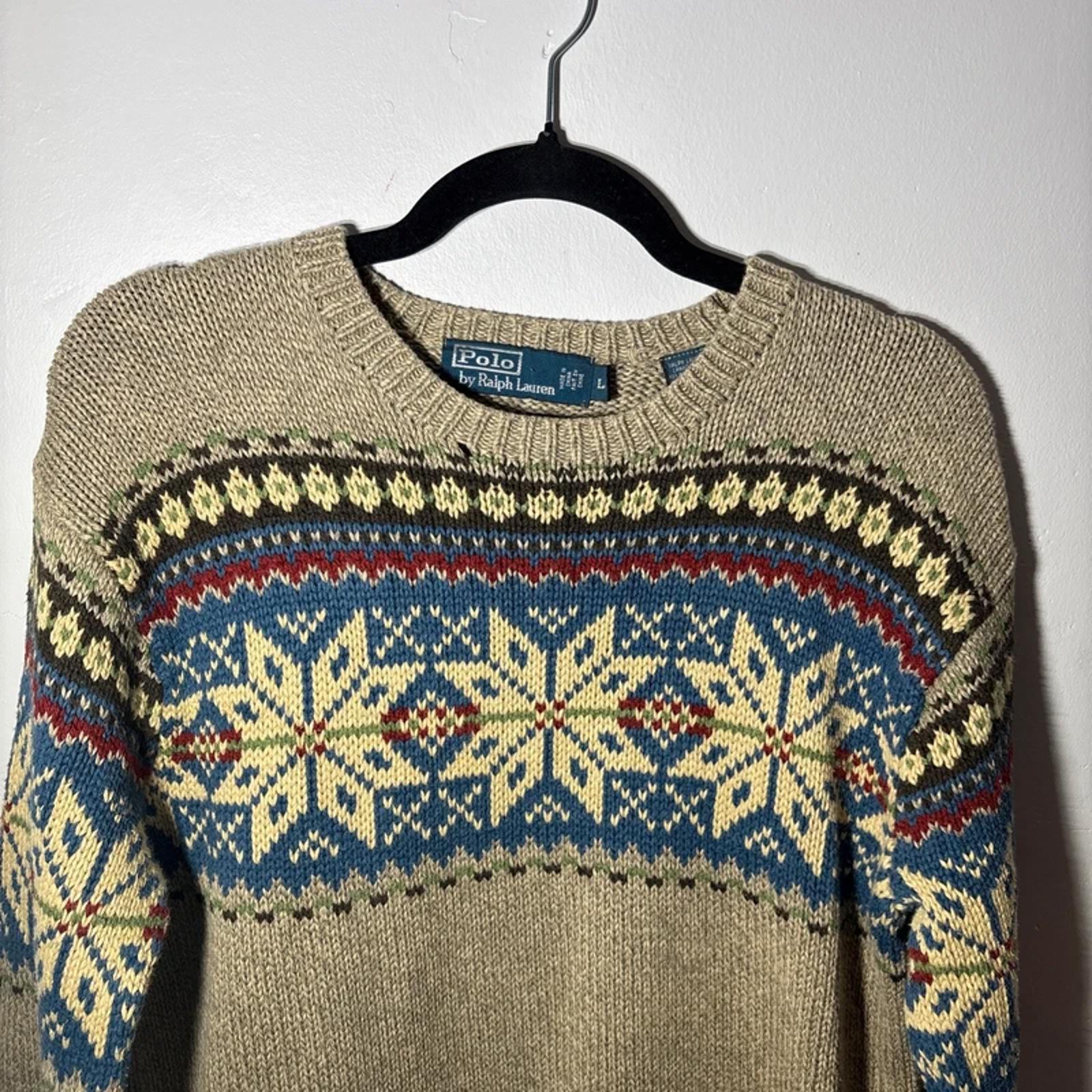 Polo Ralph Lauren Fairisle Cotton Jumper Sweater Snowflake Design Size L Large