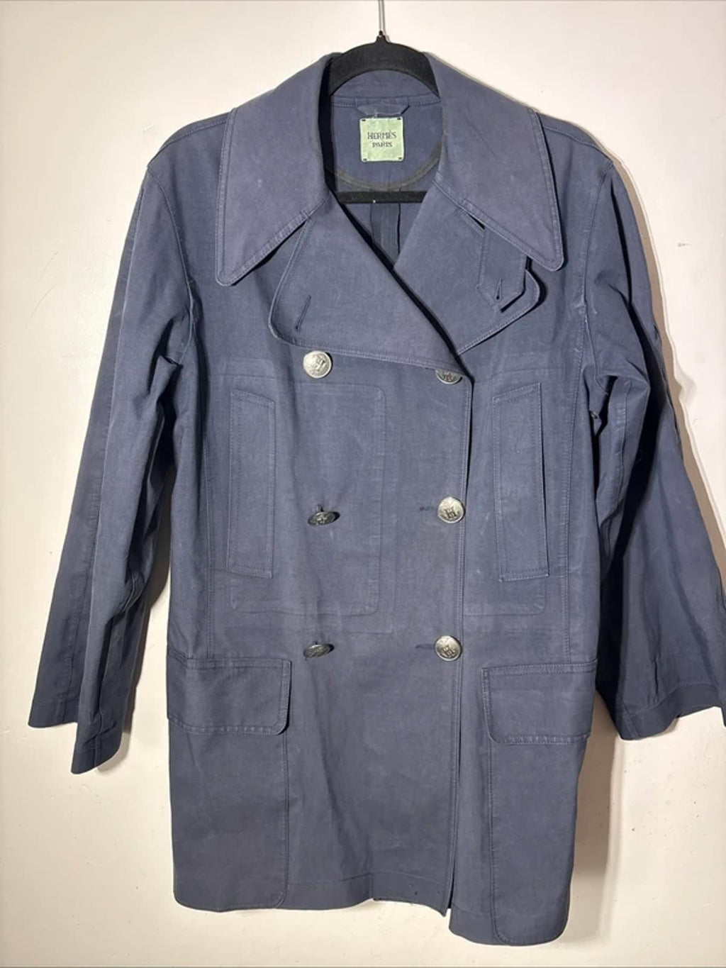 Hermès Paris Double Breasted Wax Cotton Trench Rain Coat L Navy Blue Martingale