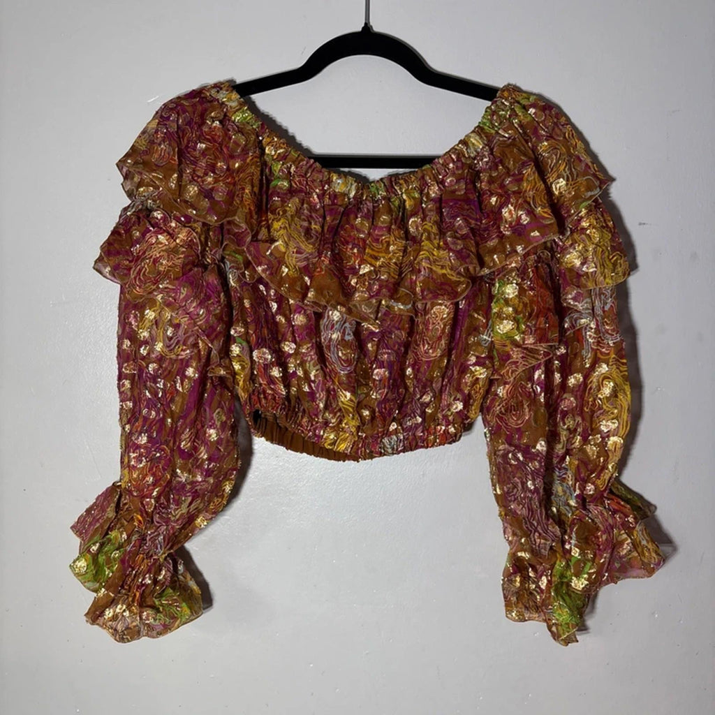 Dundas Printed Silk-Blend Jacquard Toledo Mosaic Off-shoulder Crop Top Size S