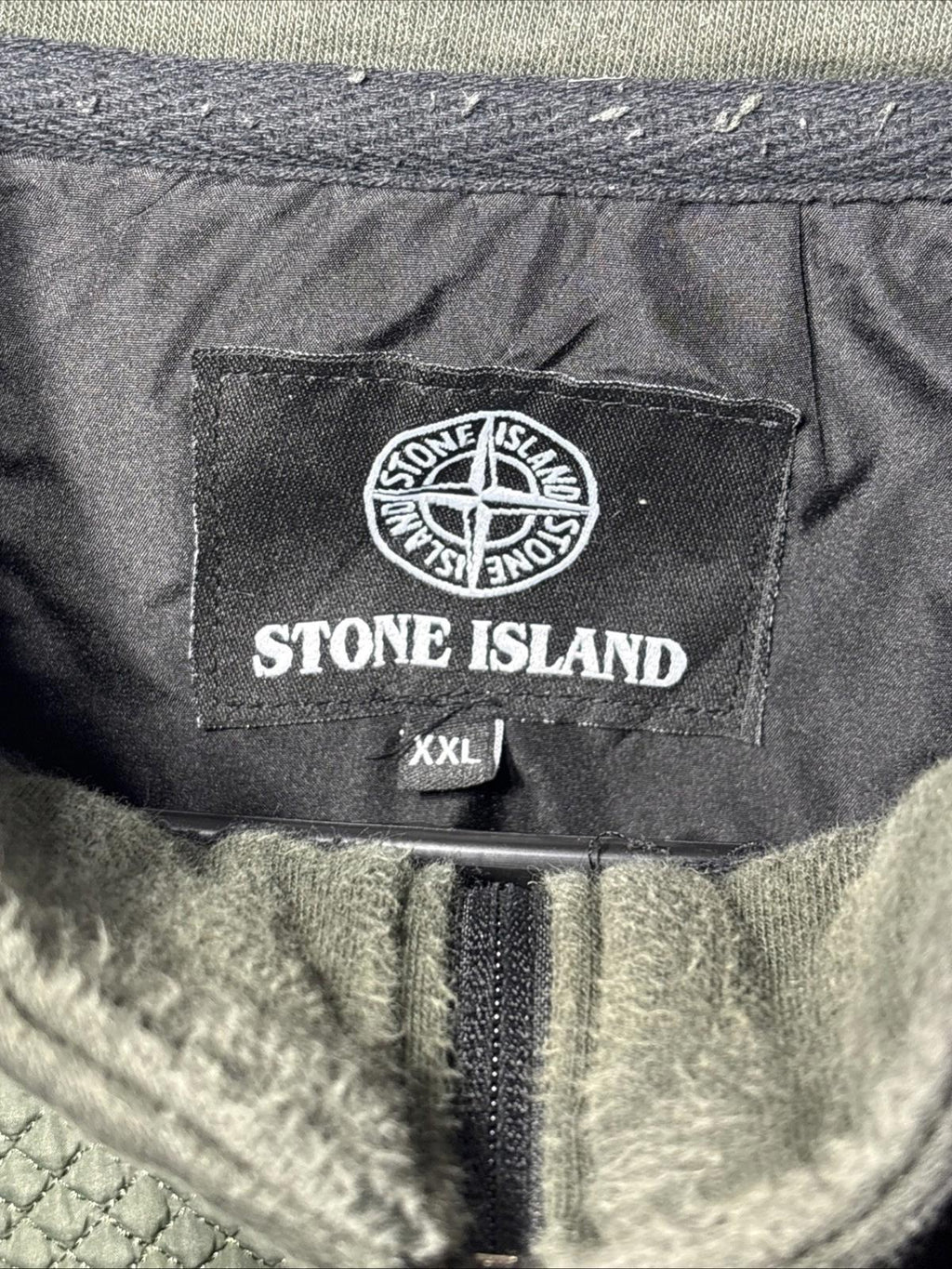 Vintage Stone Island Men’s Green Khaki XXL Full Zip Quilted Fleece Jacket Sweat