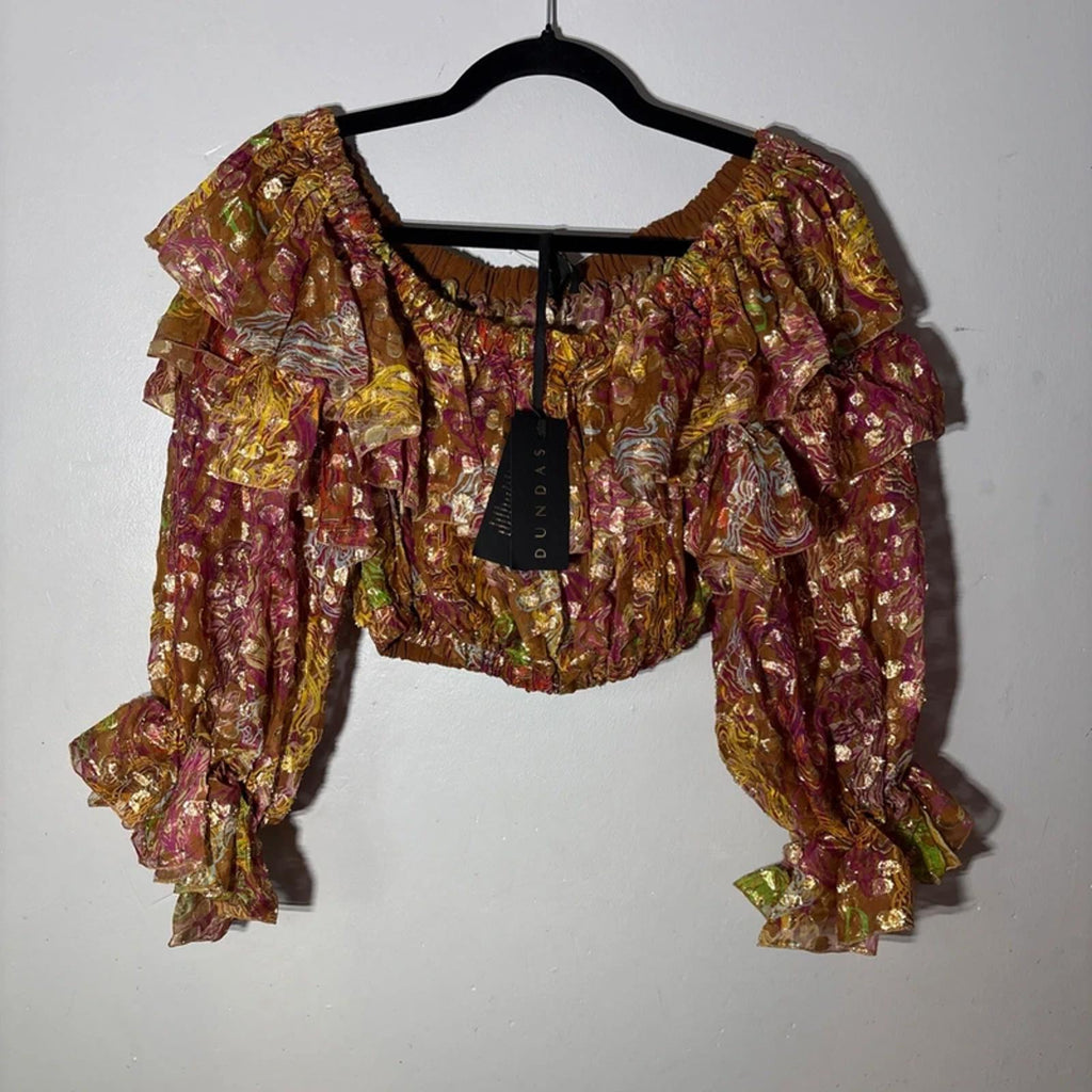 Dundas Printed Silk-Blend Jacquard Toledo Mosaic Off-shoulder Crop Top Size S