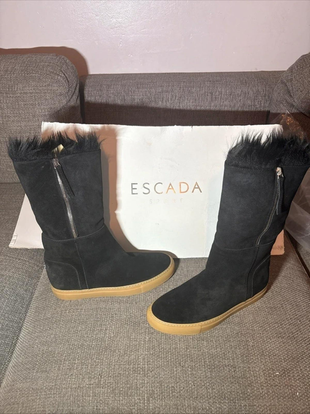Escada Sport Black Suede Calfskin with A Fur Lining Size 5 UK (38) New with Box