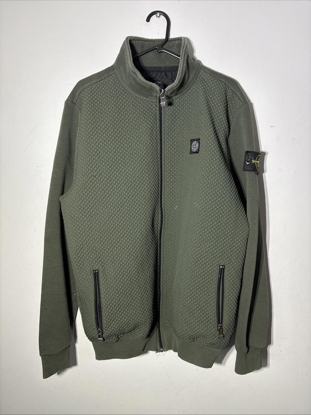 Vintage Stone Island Men’s Green Khaki XXL Full Zip Quilted Fleece Jacket Sweat