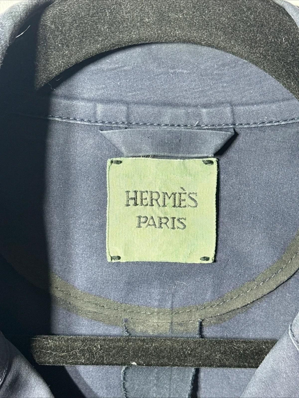 Hermès Paris Double Breasted Wax Cotton Trench Rain Coat L Navy Blue Martingale
