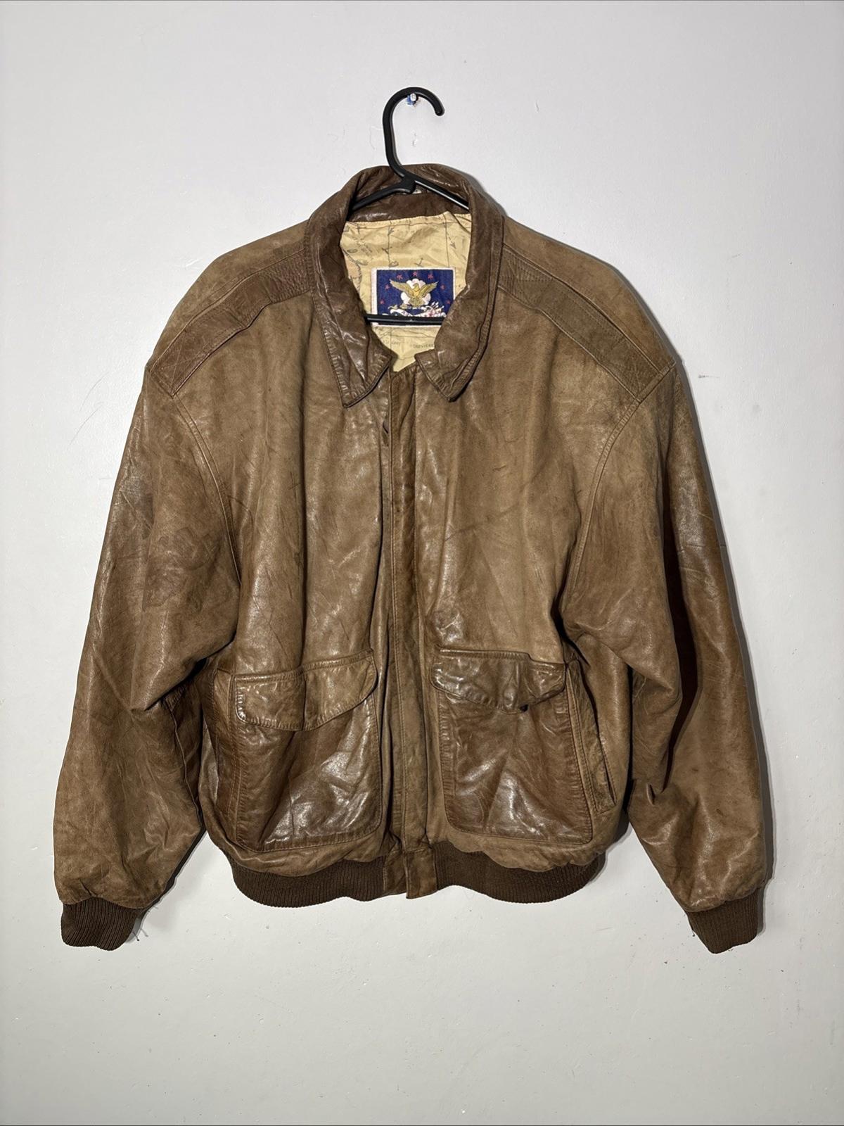Ada 80’s brown 100% leather bomber Pilot jacket Size L Battle Of Normandy Inside