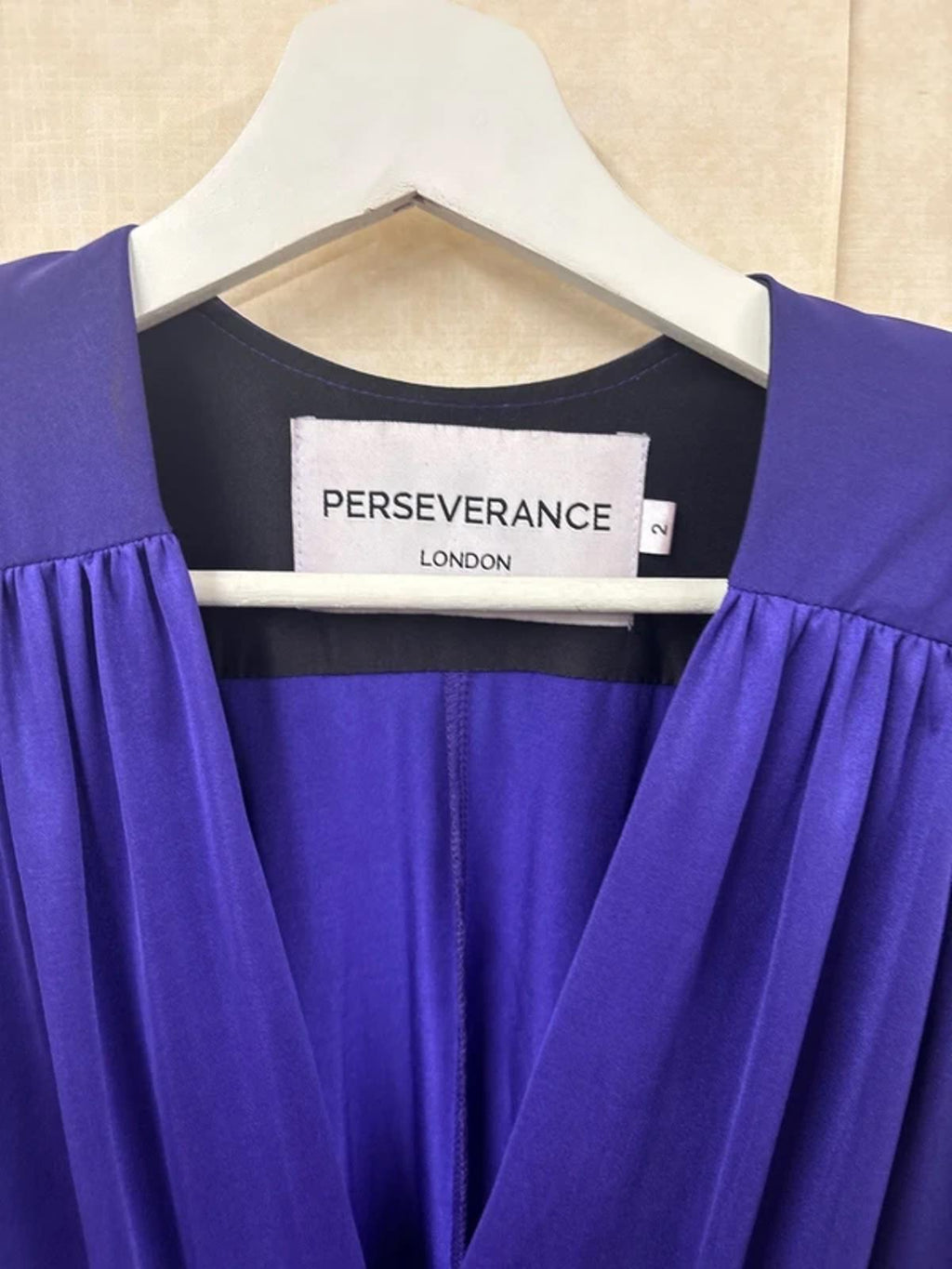 Perseverance London purple dress with a V-neck ruched detailing Shoulder Pads 6
