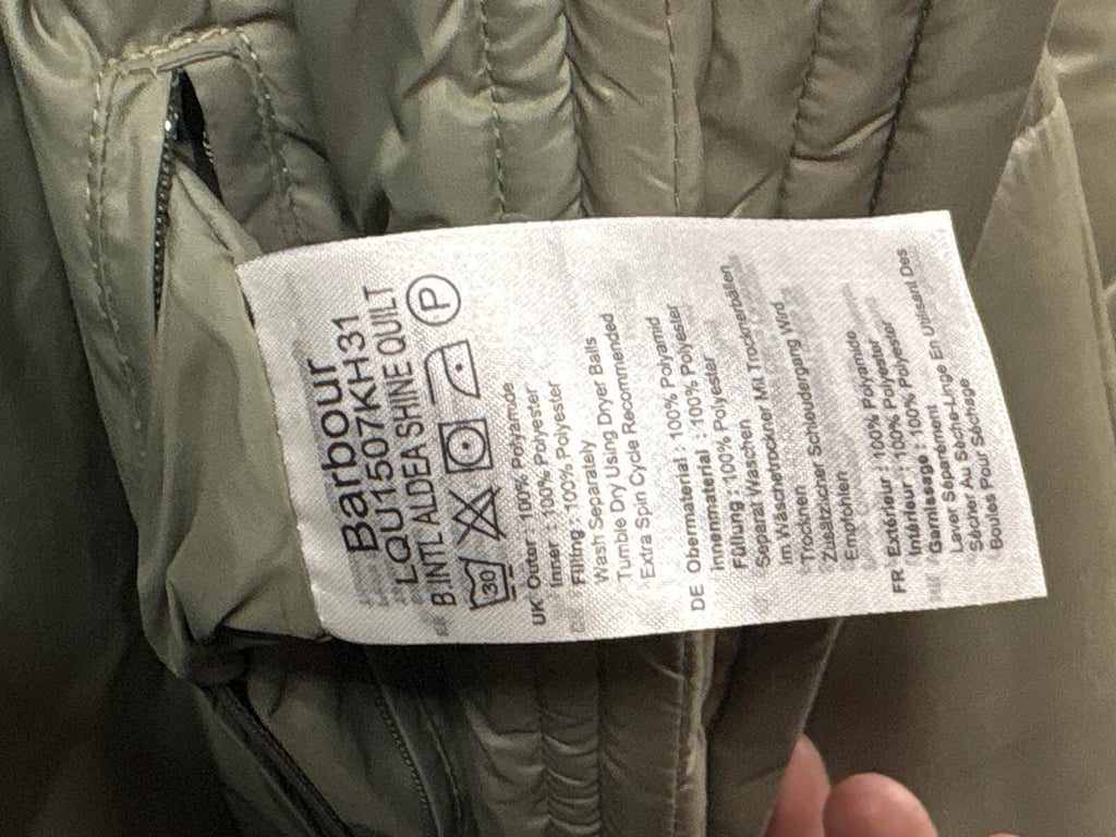 Barbour International Aldea Long Puffer Coat fibre down Olive khaki Green Size 8