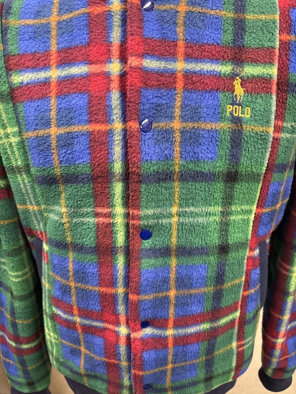 Polo Ralph Lauren Fleece Bomber Jacket Green Blue Red Plaid check tartan size M