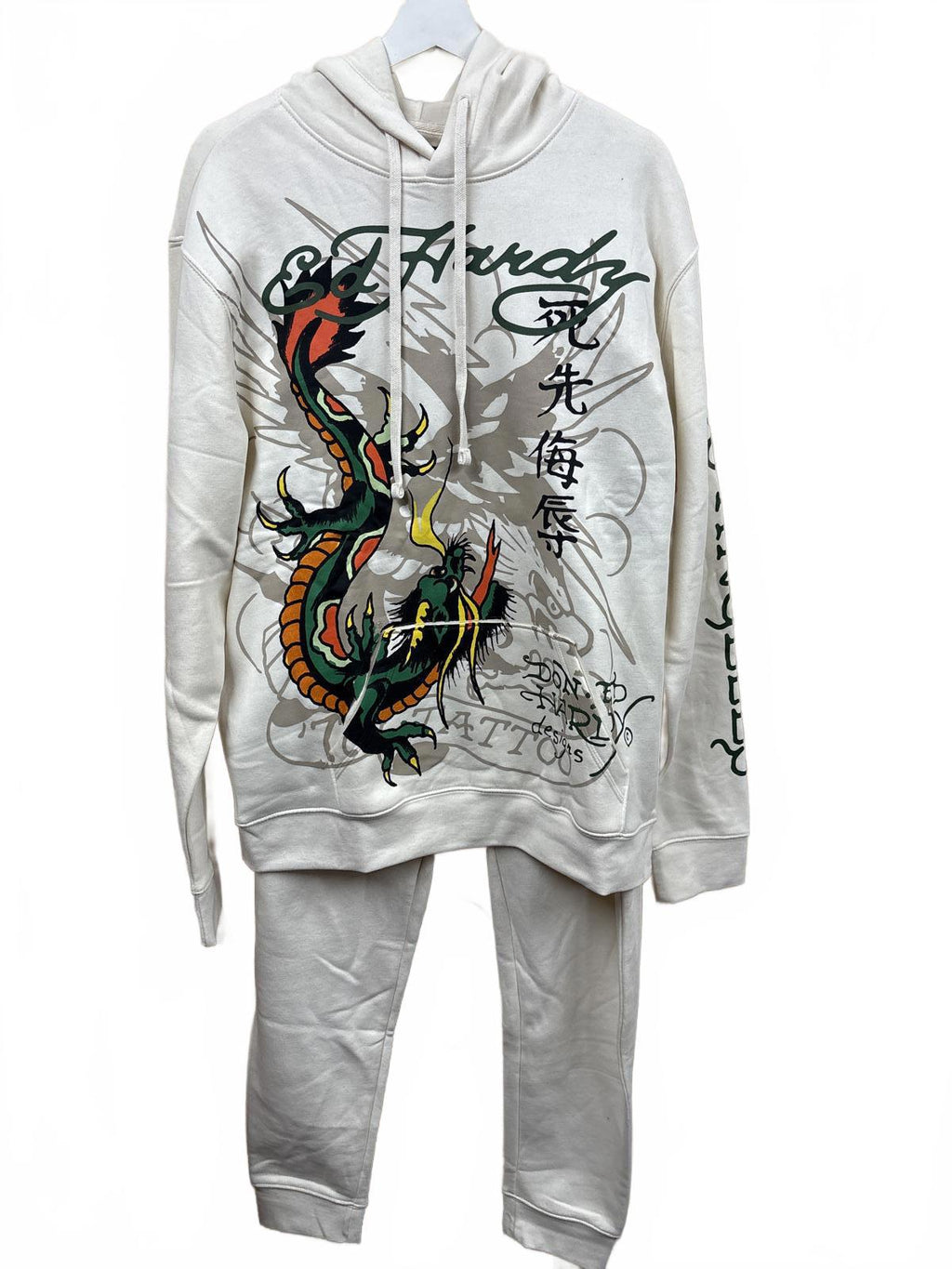 Ed Hardy White ivory Hoodie & Joggers Set Dragon tiger Print size L large new