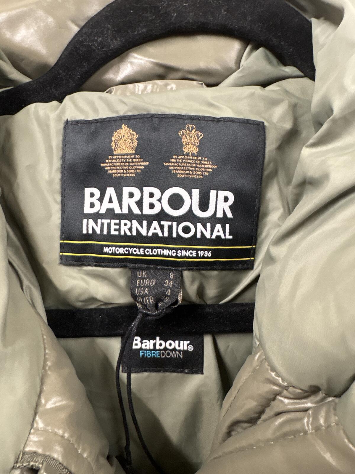 Barbour International Aldea Long Puffer Coat fibre down Olive khaki Green Size 8
