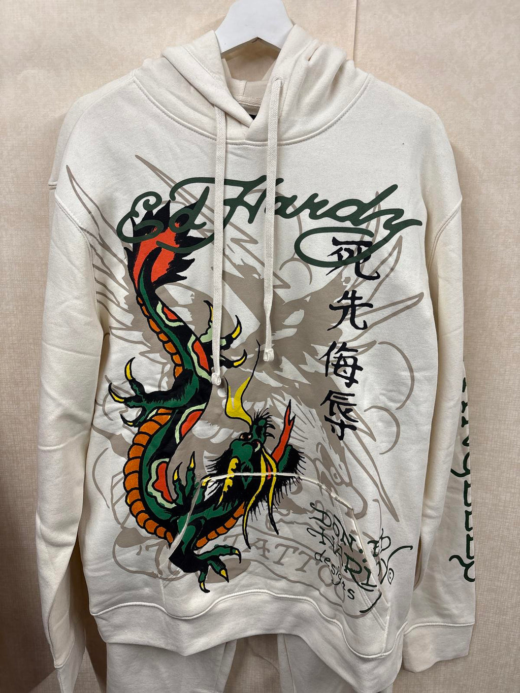 Ed Hardy White ivory Hoodie & Joggers Set Dragon tiger Print size L large new