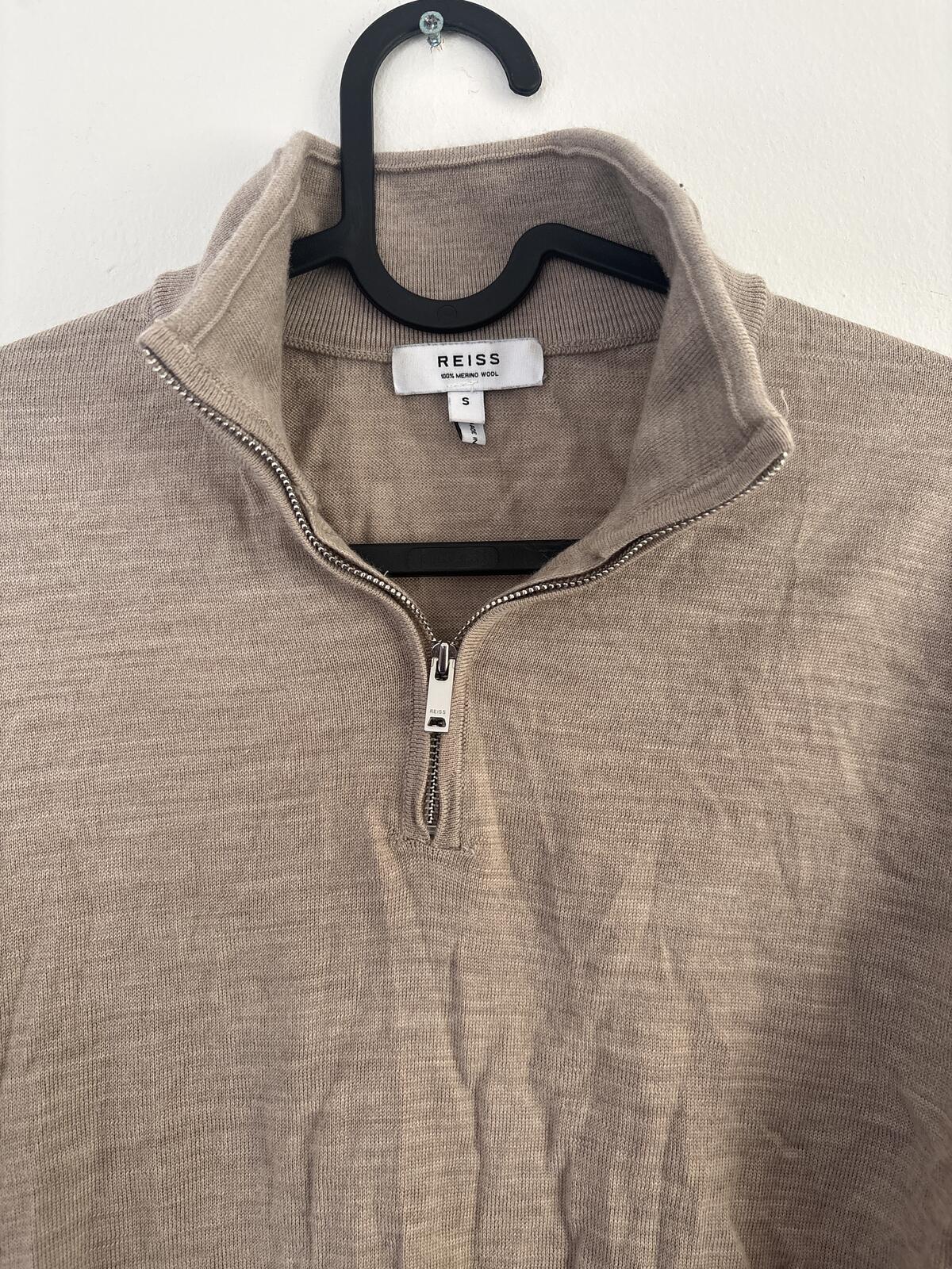 Reiss Beige Half-Zip merino wool extra fine Sweater jumper Size S small