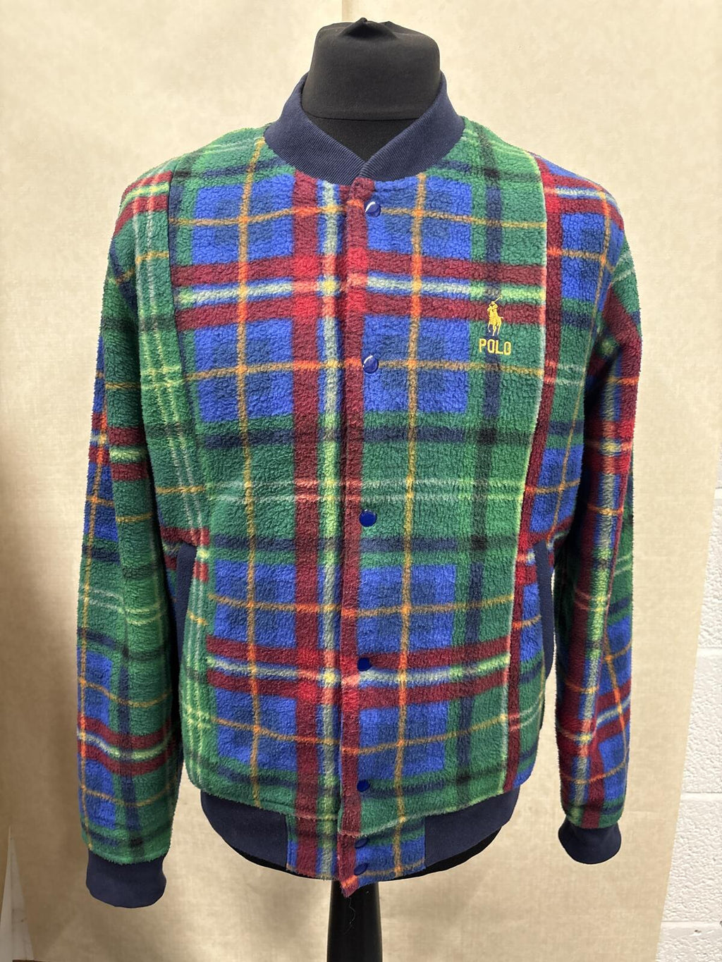 Polo Ralph Lauren Fleece Bomber Jacket Green Blue Red Plaid check tartan size M