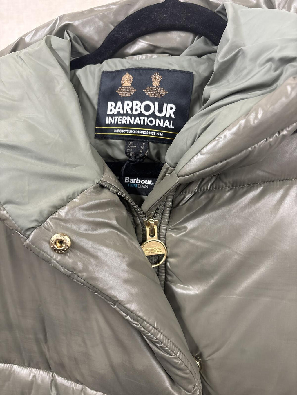 Barbour International Aldea Long Puffer Coat fibre down Olive khaki Green Size 8