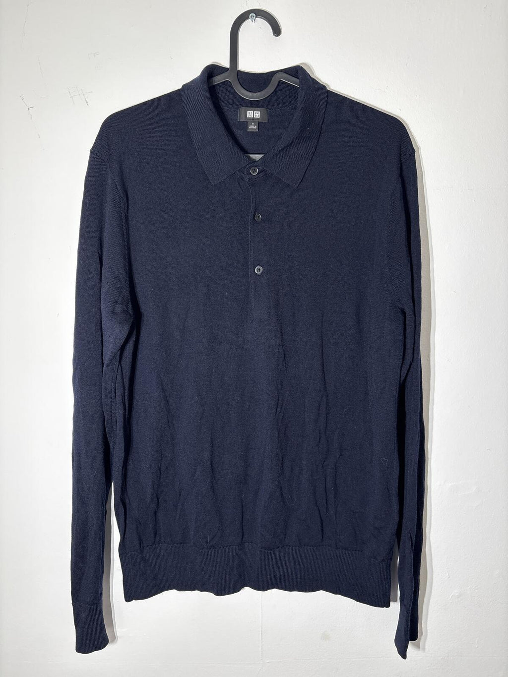 Uniqlo Men's Navy Wool Long Sleeve Polo Shirt Size S small 100% wool