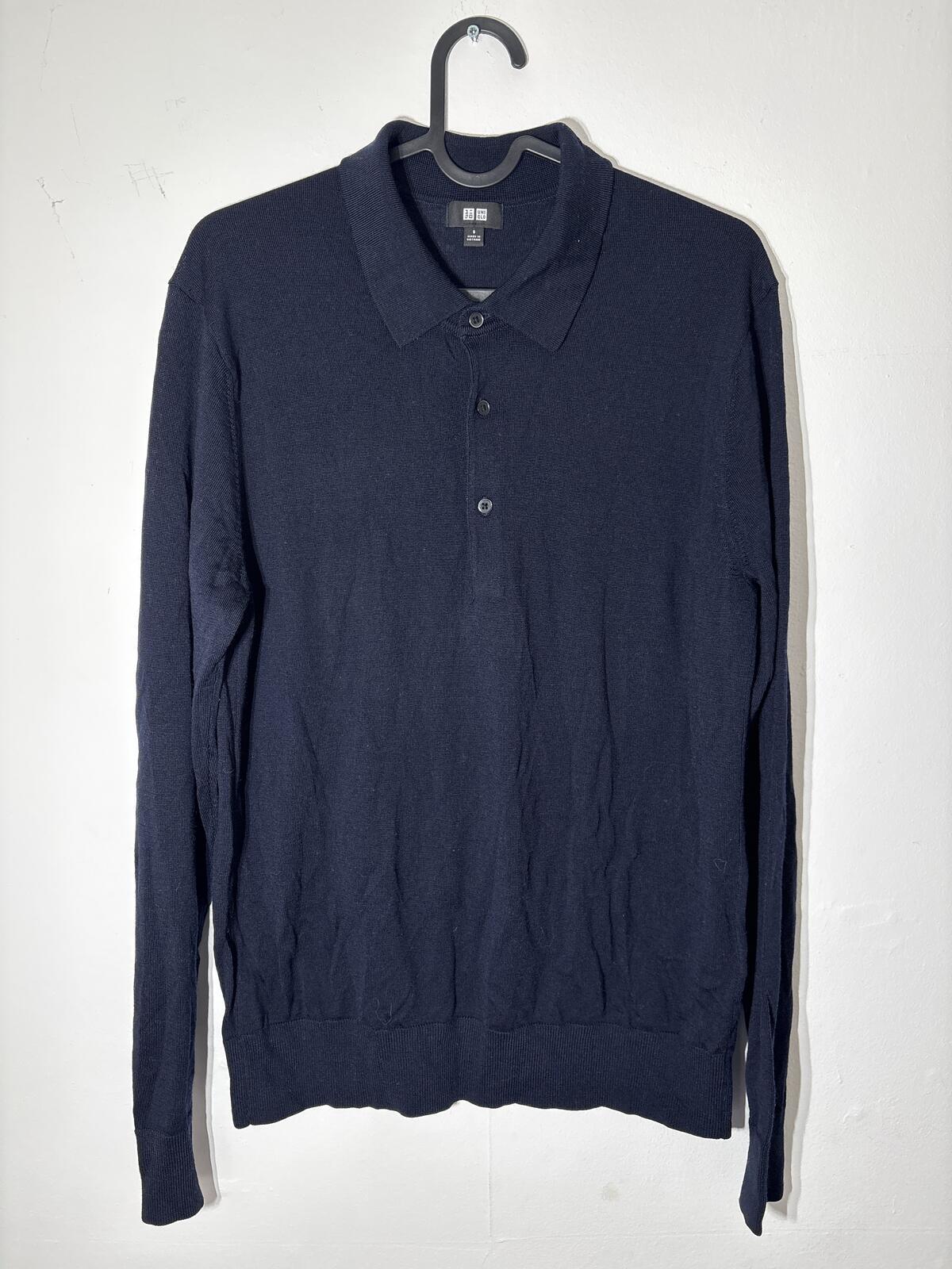 Uniqlo Men's Navy Wool Long Sleeve Polo Shirt Size S small 100% wool