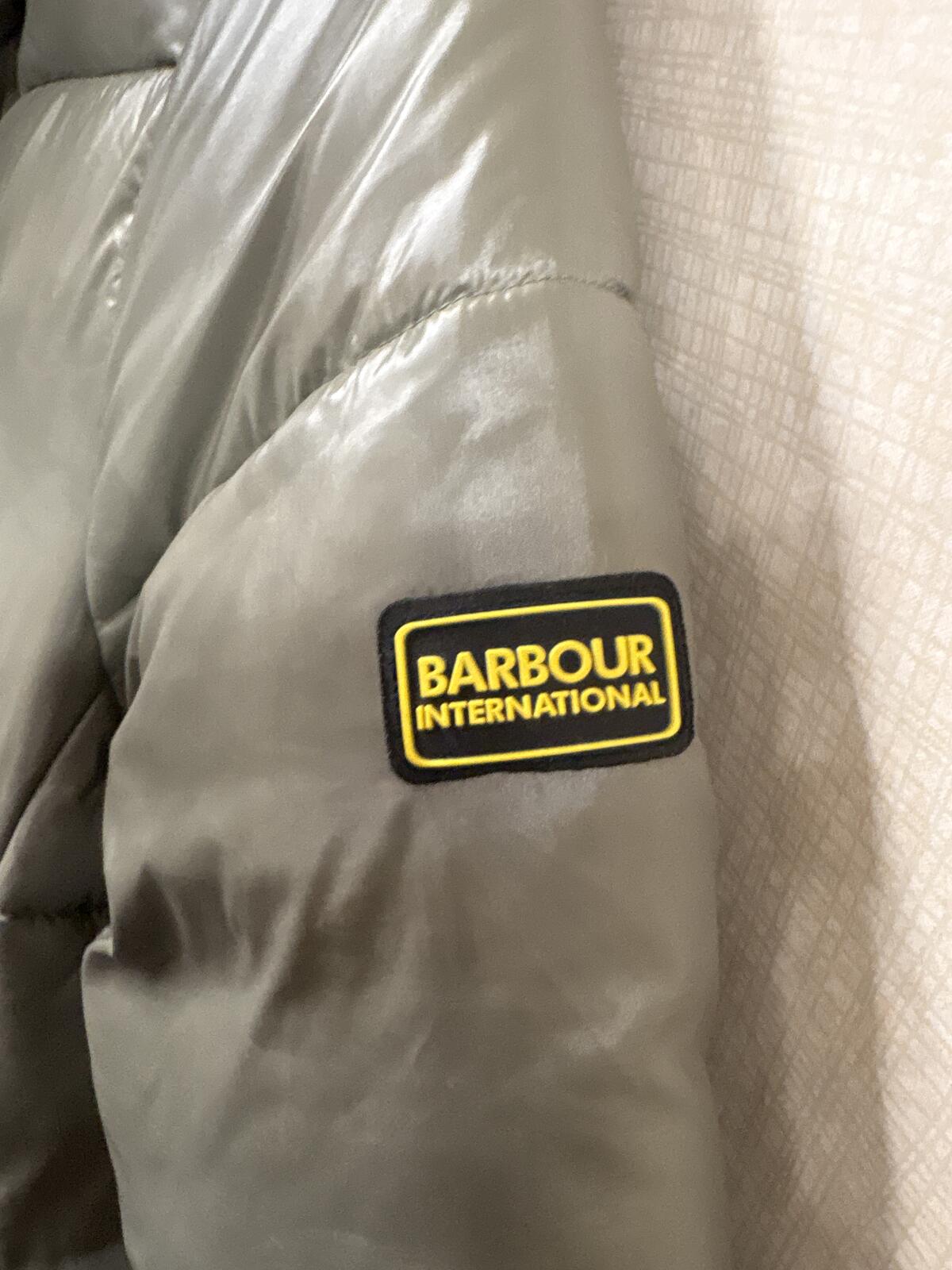 Barbour International Aldea Long Puffer Coat fibre down Olive khaki Green Size 8