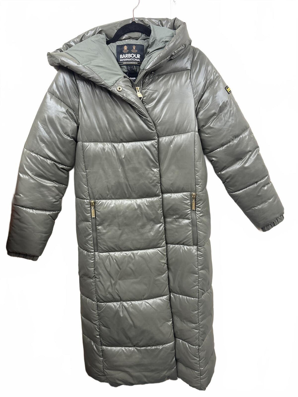Barbour International Aldea Long Puffer Coat fibre down Olive khaki Green Size 8
