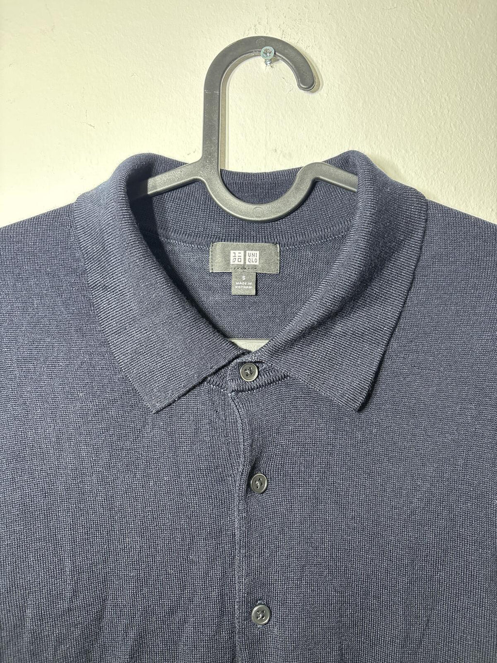 Uniqlo Men's Navy Wool Long Sleeve Polo Shirt Size S small 100% wool