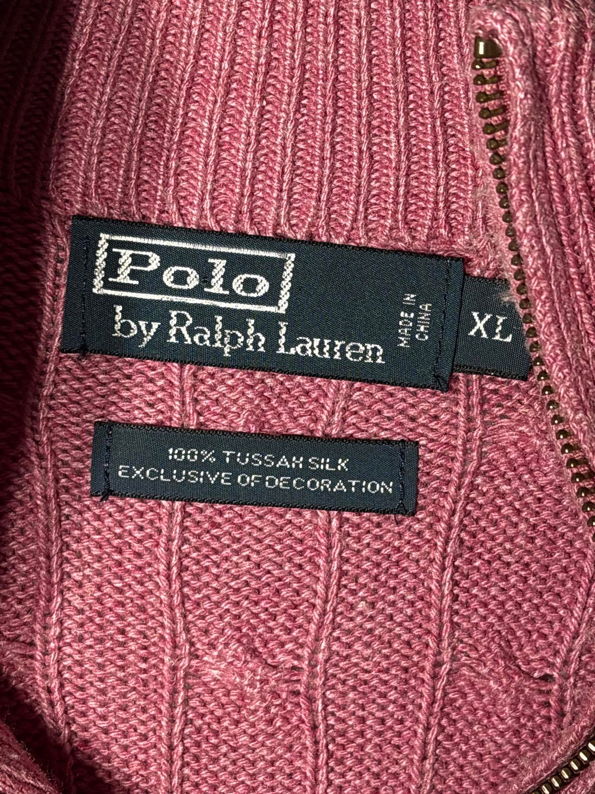 Ralph Lauren Pink Cable Knit Half Zip Sweater 100% tussah silk leather zip XL