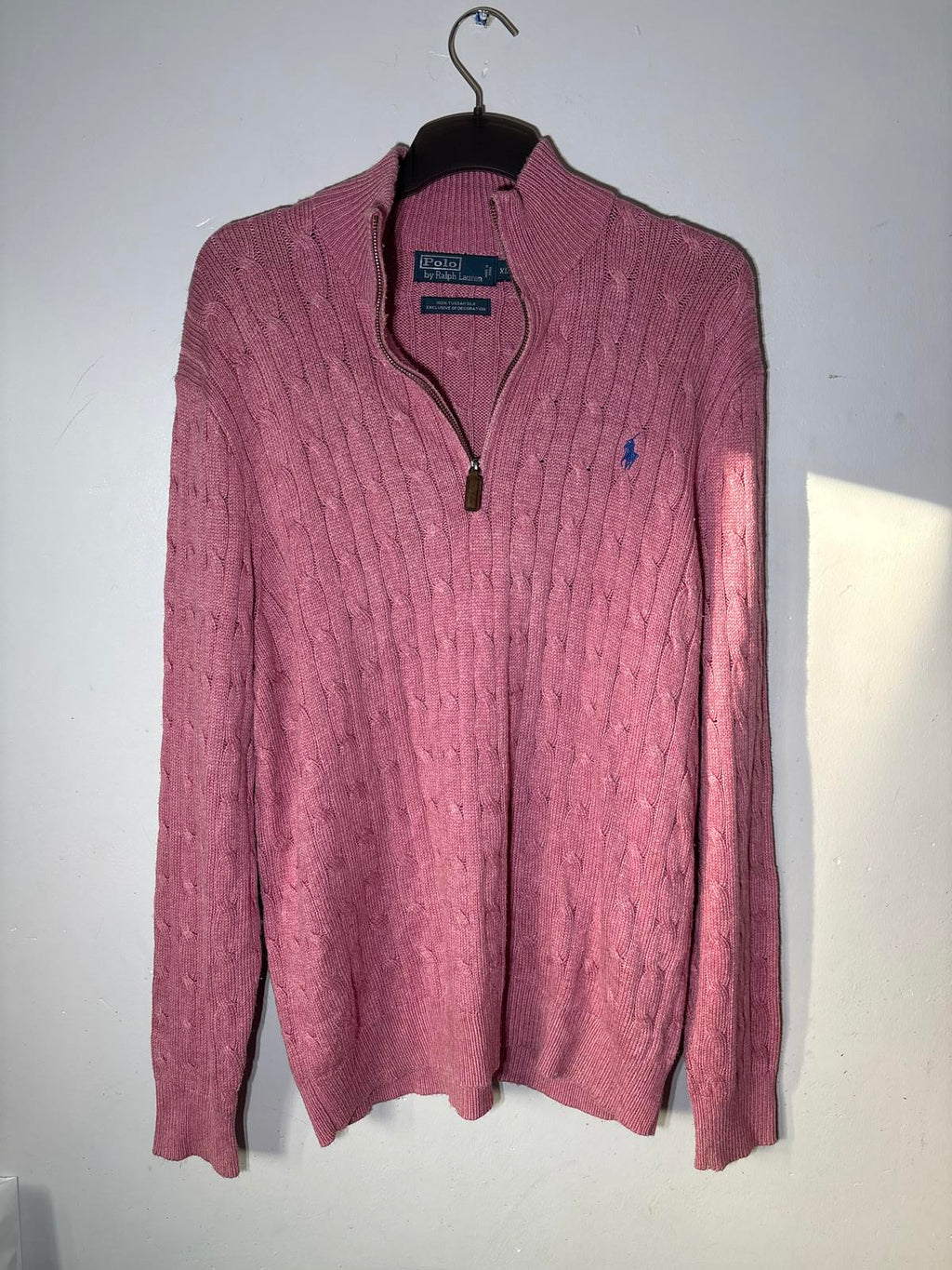 Ralph Lauren Pink Cable Knit Half Zip Sweater 100% tussah silk leather zip XL
